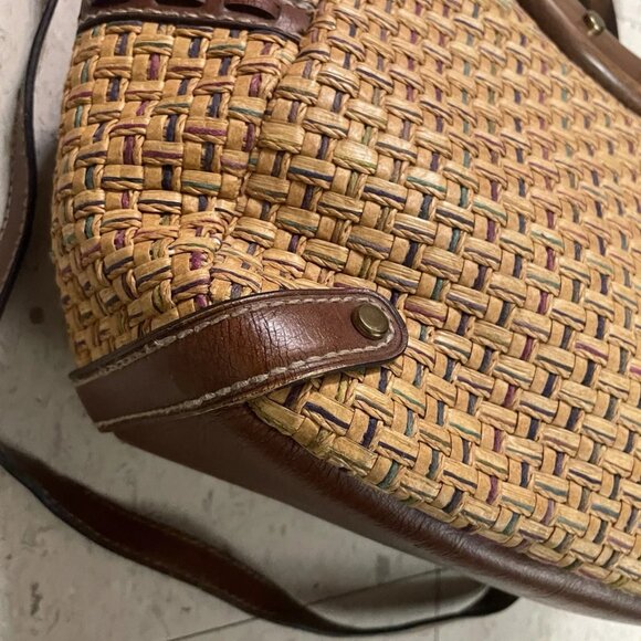 FOSSIL Brown Woven Wicker Handbag w/ Wooden Round‎ Handles Leather Trim Y2K Boho - Picture 10 of 16